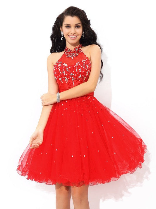 A-Line/Princess High Neck Beading Sleeveless Short Cocktail Homecoming Dresses Arely Net Dresses