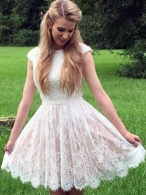 Sleeveless Sheer Lace Neck A-Line/Princess Pearls Short/Mini Homecoming Dress