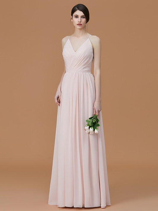 Straps Sleeveless A-Line/Princess Ruched Spaghetti Floor-Length Chiffon Bridesmaid Dresses