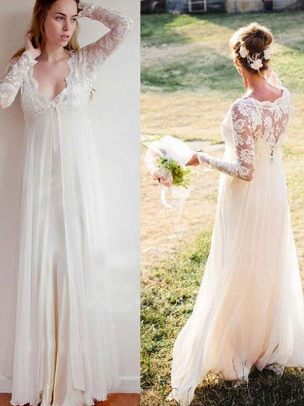 V-neck Empire Sleeves Floor-Length long Lace Chiffon Wedding Dresses