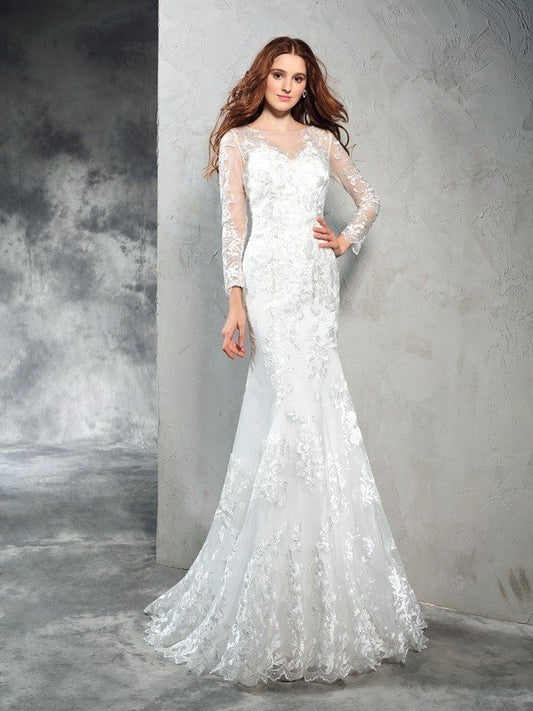 Lace Long Sheath/Column Neck Sheer Sleeves Long Net Wedding Dresses