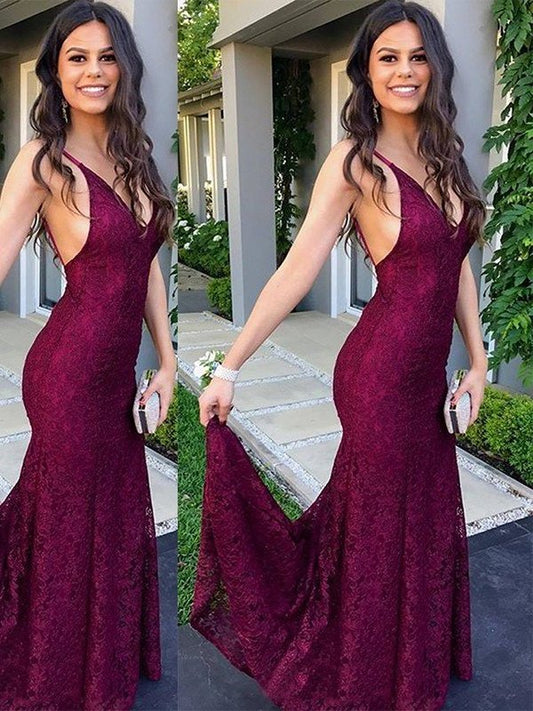 Sweep/Brush V-neck Sleeveless Trumpet/Mermaid Train Lace Dresses