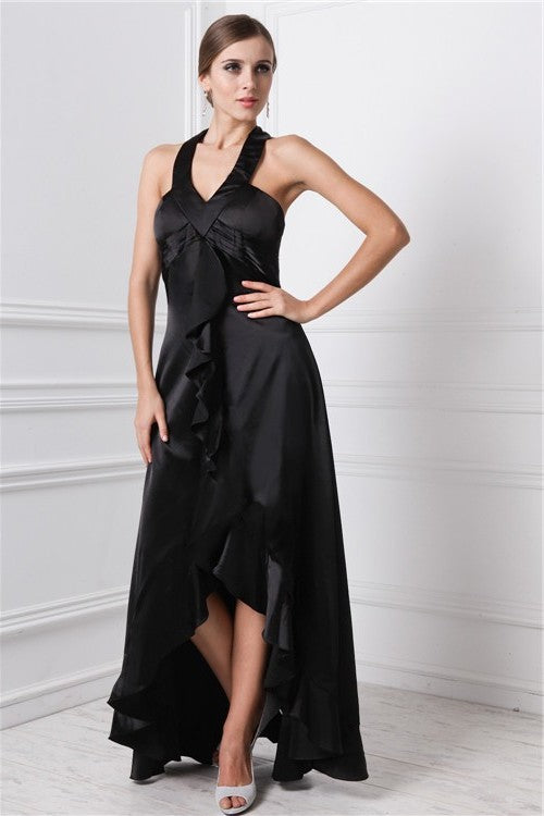 Bateau Silk Ruffles A-Line/Princess Low High Sleeveless like Satin Dresses