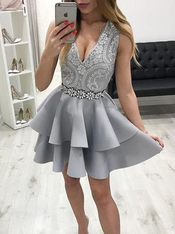 V-neck Applique Sleeveless A-Line/Princess Satin Short/Mini Homecoming Dress