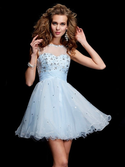 Elastic A-Line/Princess Short Scoop Sleeveless Woven Beading Satin Homecoming Dresses