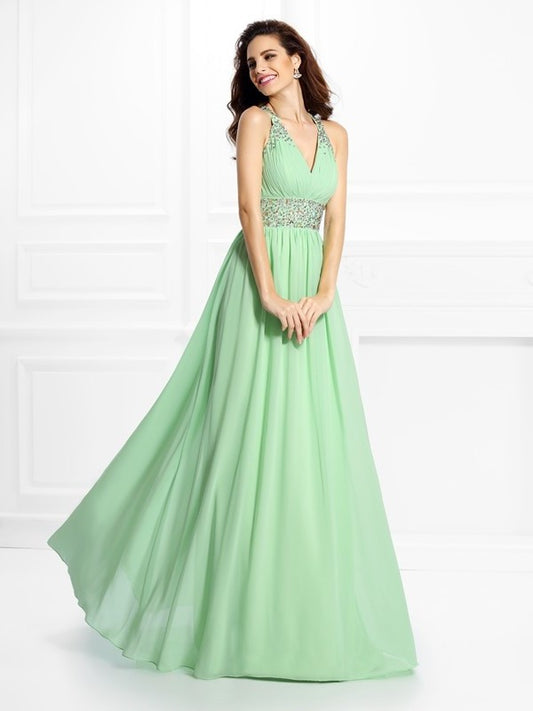 V-neck Sleeveless A-Line/Princess Beading Long Chiffon Dresses