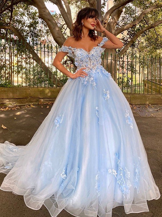 Gown Off-the-Shoulder Ball Sleeveless Applique Tulle Sweep/Brush Train Dresses