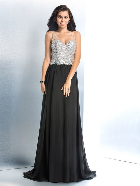 Beading A-Line/Princess V-neck Sleeveless Long Chiffon Dresses