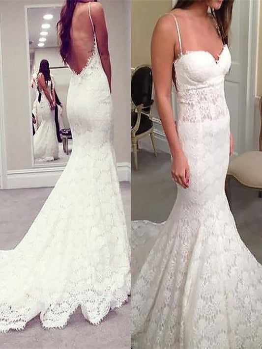 Trumpet/Mermaid Lace Train Court Straps Spaghetti Sleeveless Wedding Dresses