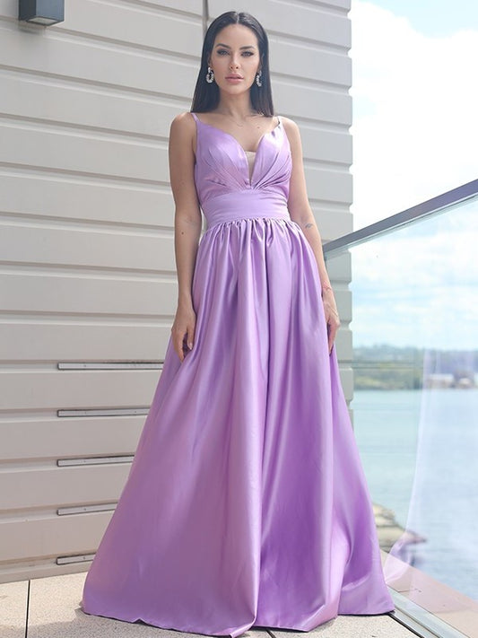 Ruched Satin V-neck Sleeveless A-Line/Princess Sweep/Brush Train Dresses