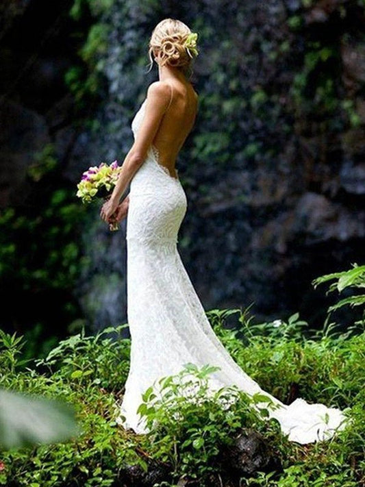 Sheath/Column Sleeveless Spaghetti Straps Train Court V-neck Lace Wedding Dresses