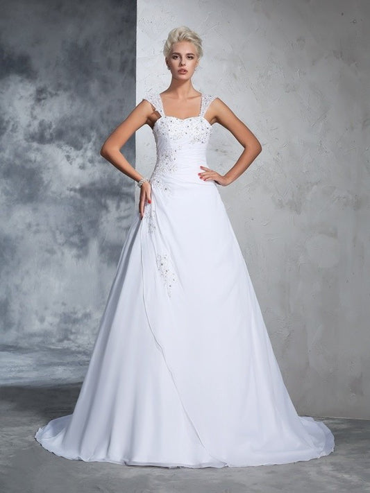 Straps Sleeveless Gown Applique Long Ball Chiffon Wedding Dresses