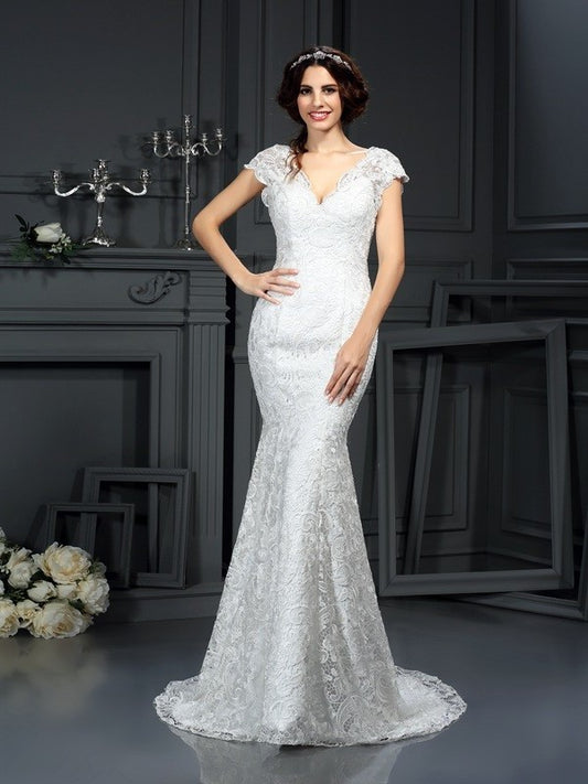 Trumpet/Mermaid V-neck Lace Sleeveless Long Lace Wedding Dresses