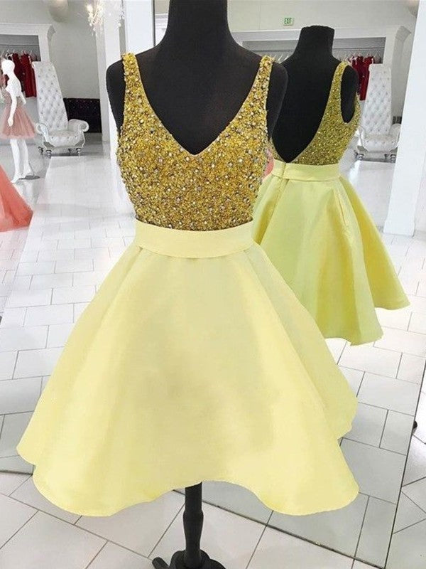 With Satin Beading Cut V-neck Short A-Line Yellow Homecoming Dresses