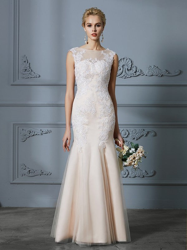 Trumpet/Mermaid Scoop Applique Tulle Sleeveless Floor-Length Wedding Dresses