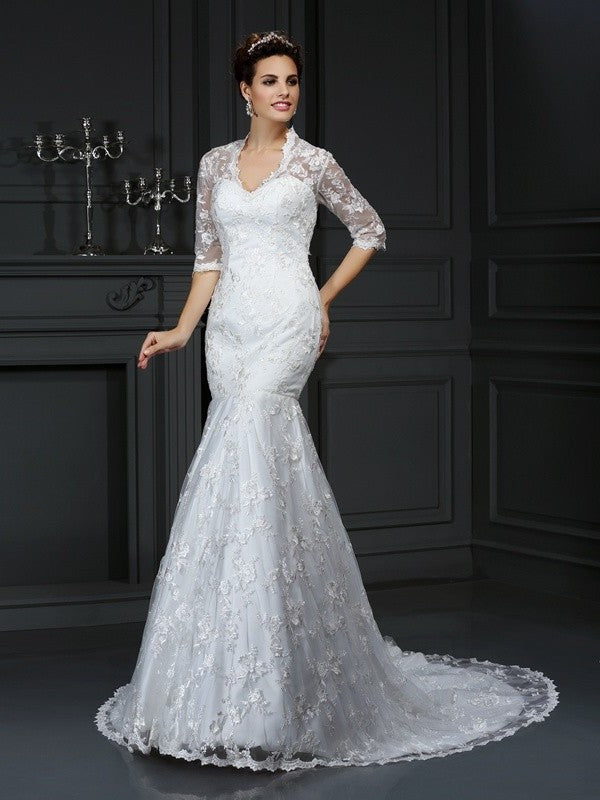 Sleeves Trumpet/Mermaid V-neck Lace 1/2 Long Lace Wedding Dresses