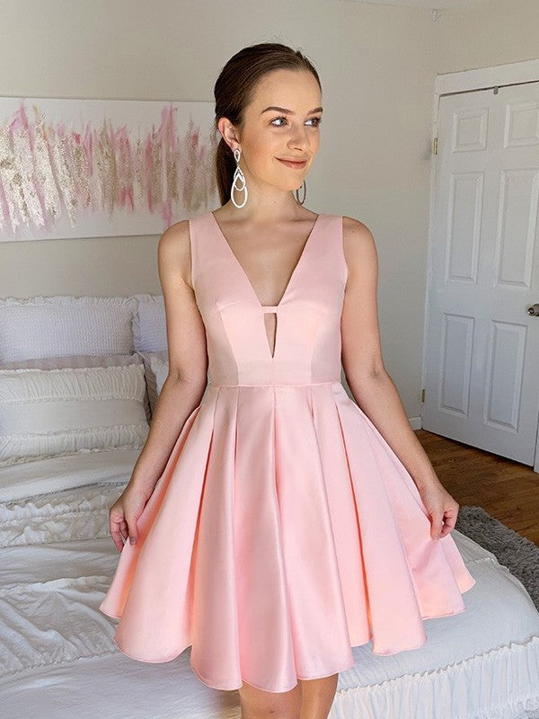 Sleeveless Satin Ruffles V-neck A-Line/Princess Short/Mini Homecoming Dresses