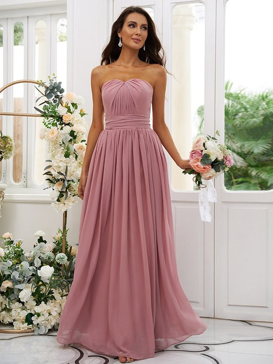 A-Line/Princess Sleeveless Ruffles Chiffon Strapless Floor-Length Bridesmaid Dresses