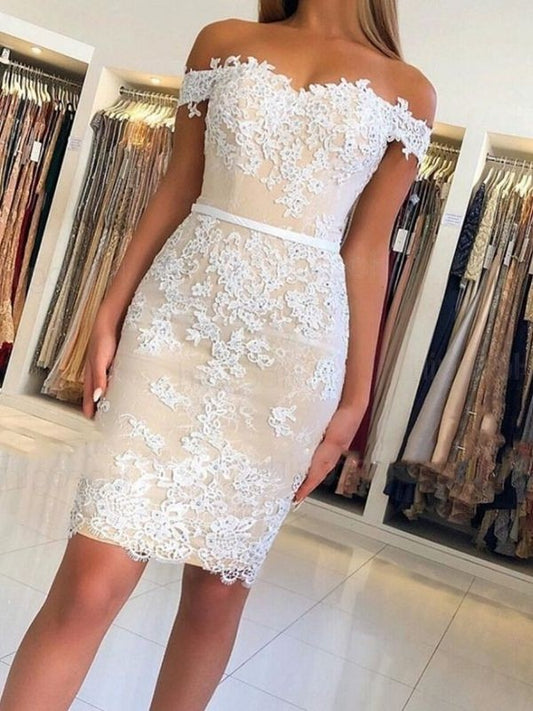 Sleeveless Applique Lace Off-the-Shoulder Sheath/Column Short/Mini Homecoming Dresses