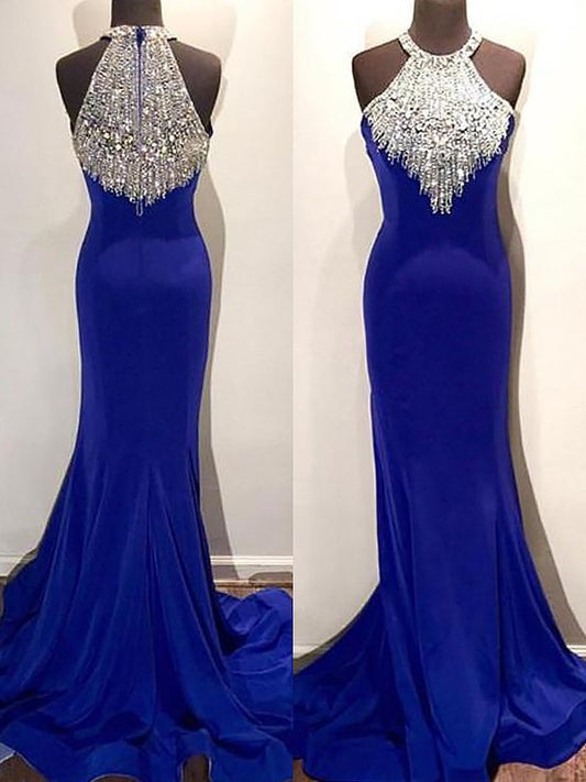 Sleeveless Train Trumpet/Mermaid Halter Sweep/Brush Beading Spandex Dresses