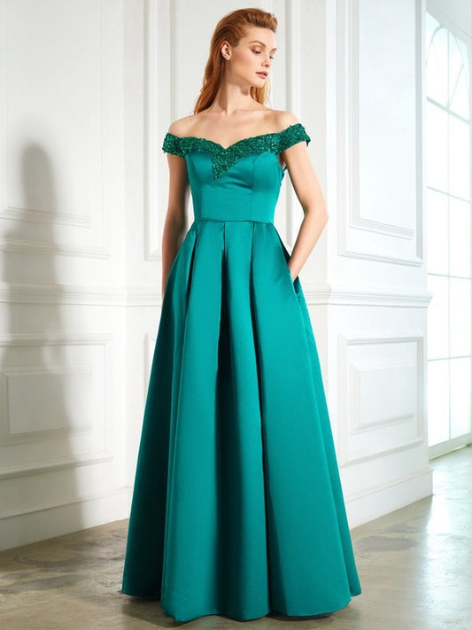 Off-the-Shoulder Sequin A-Line/Princess Sleeveless Satin Floor-Length Dresses