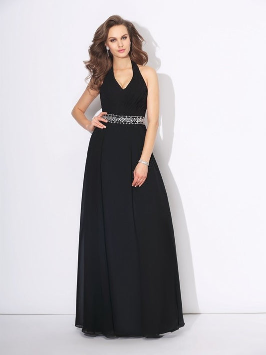 Beading Sleeveless Halter A-Line/Princess Long Chiffon Bridesmaid Dresses