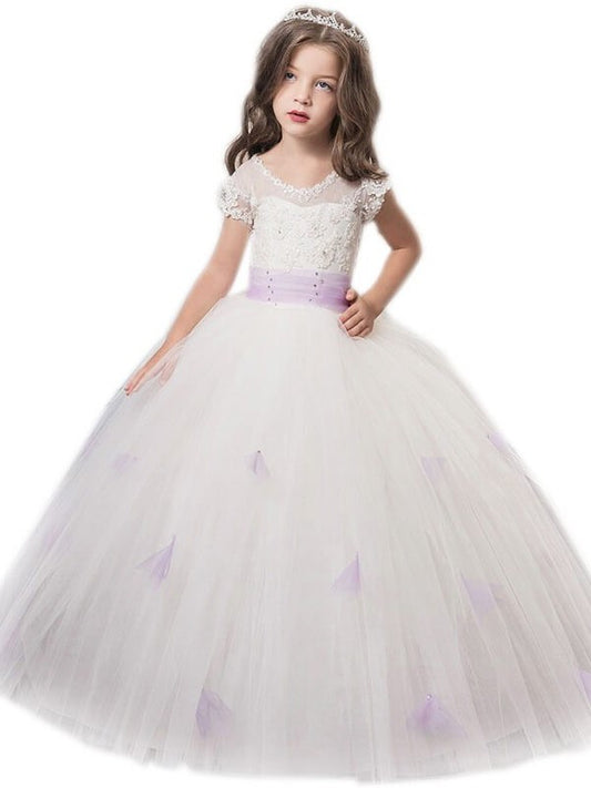 Sleeves Sash/Ribbon/Belt Gown Tulle Ball Short Jewel Floor-Length Flower Girl Dresses