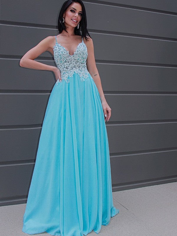 Sleeveless V-neck Chiffon Applique A-Line/Princess Sweep/Brush Train Dresses