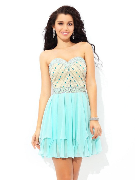 Homecoming Dresses A-Line/Princess Sweetheart Beading Short Sleeveless Chiffon Reagan Cocktail Dresses