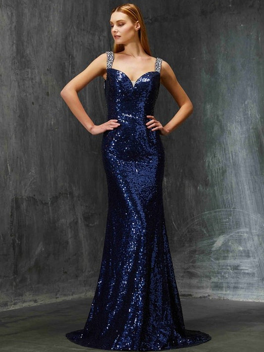 Sweep/Brush Train V-neck Sleeveless Sheath/Column Beading Sequins Dresses