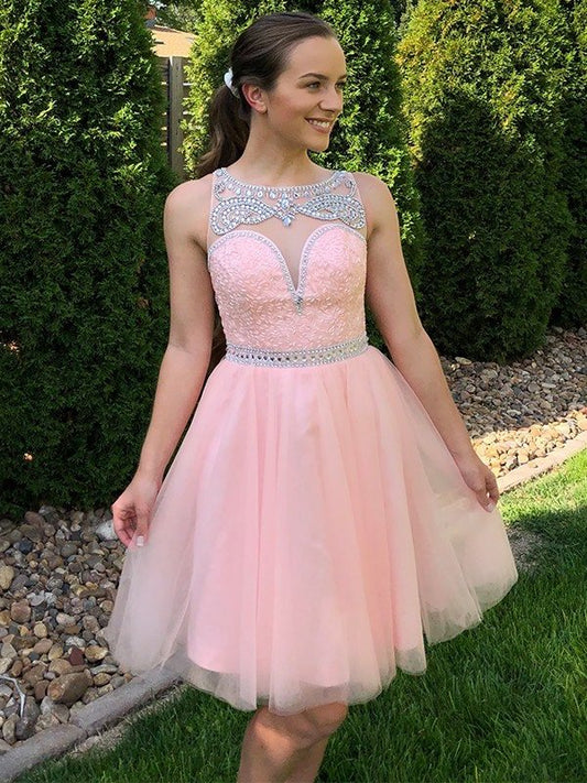 Scoop Beading A-Line/Princess Tulle Sleeveless Short/Mini Homecoming Dresses