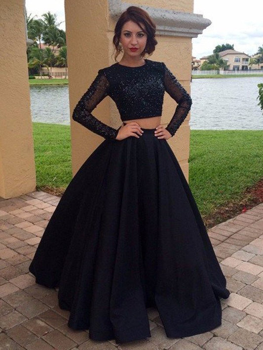 Long Sleeves Scoop Gown Floor-Length Ball Satin Beading Dresses