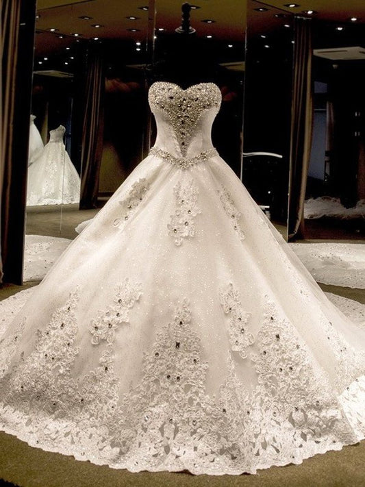 Cathedral Train Gown Sleeveless Sweetheart Ball Sequin Applique Tulle Wedding Dresses