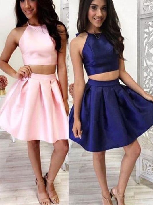 Sleeveless Satin Halter A-Line/Princess Two Ruffles Short/Mini Piece Homecoming Dress