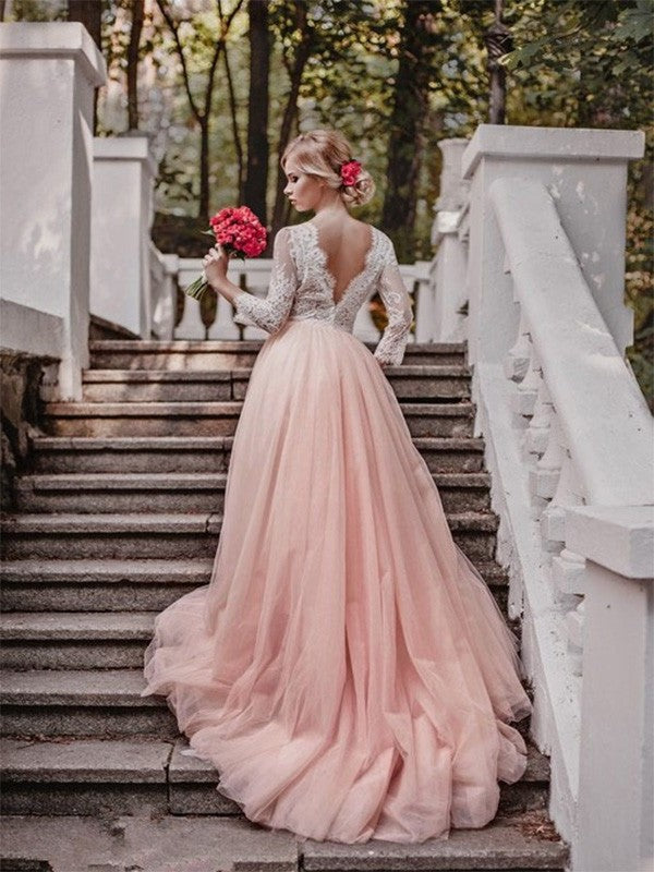 Train Sleeves Ball V-neck Long Applique Court Gown Tulle Wedding Dresses