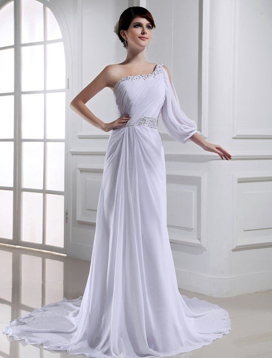 One-sleeve One-shoulder Beading A-Line/Princess Chiffon Wedding Dresses