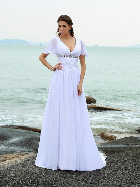 Long Ruffles Short Sleeves A-Line/Princess V-neck Chiffon Beach Wedding Dresses