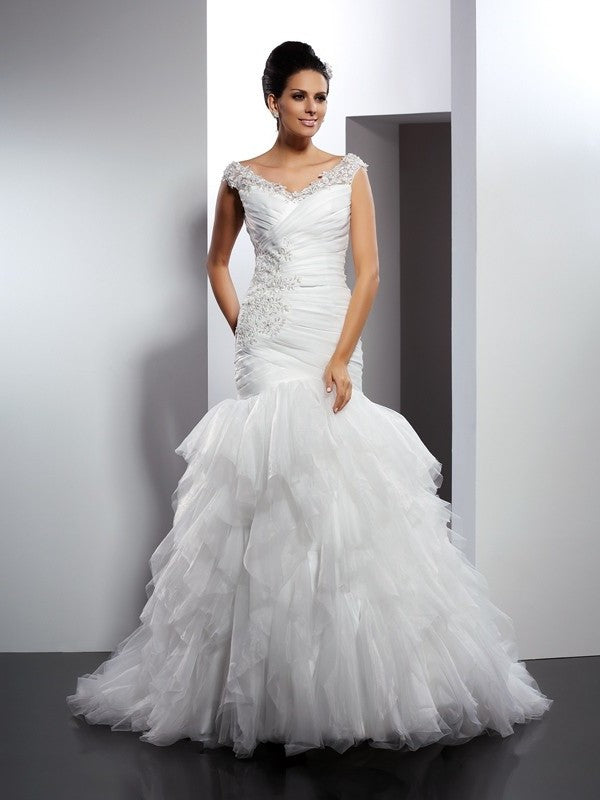 Sleeveless V-neck Long Applique Trumpet/Mermaid Tulle Wedding Dresses