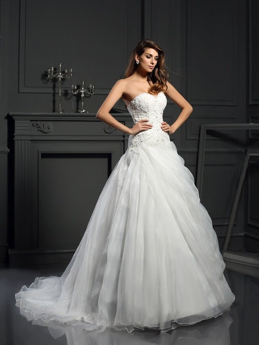 Sweetheart Ball Sleeveless Ruffles Long Gown Organza Wedding Dresses