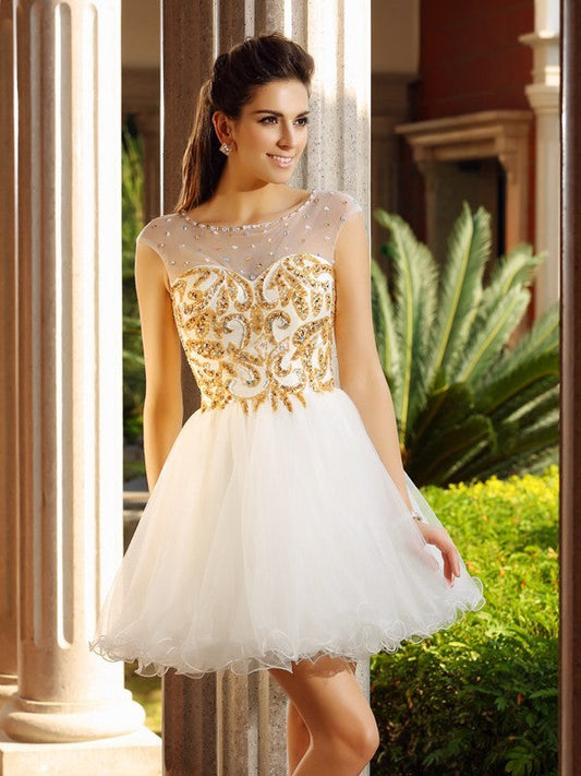 A-Line/Princess Scoop Ruffles Sleeveless Short Jacqueline Net Cocktail Homecoming Dresses Dresses