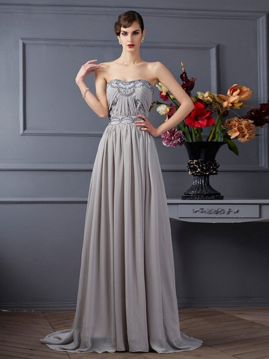 Sweetheart Sleeveless A-Line/Princess Pleats Beading Long Chiffon Dresses