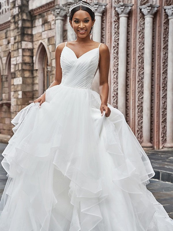 Ruffles Straps Tulle Sleeveless A-Line/Princess Spaghetti Sweep/Brush Train Wedding Dresses