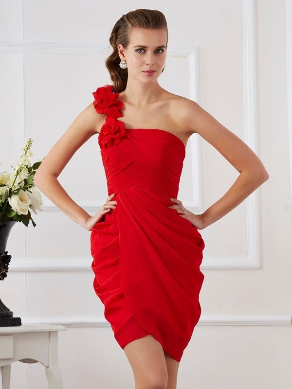 Sheath/Column Flower Sleeveless Hand-Made Short One-Shoulder Chiffon Homecoming Dresses