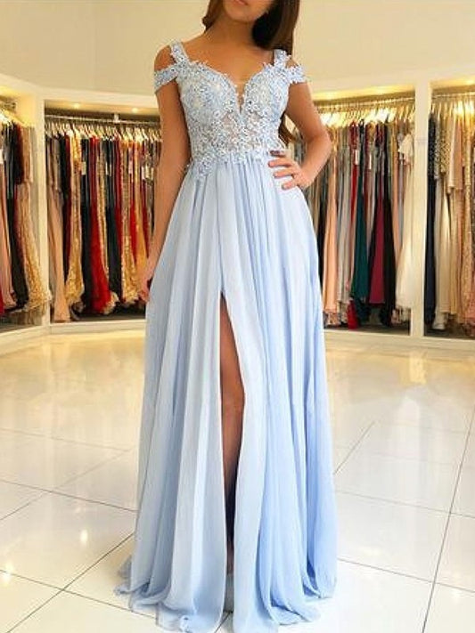 A-Line/Princess Floor-Length Sleeveless Off-the-Shoulder Applique Chiffon Dresses