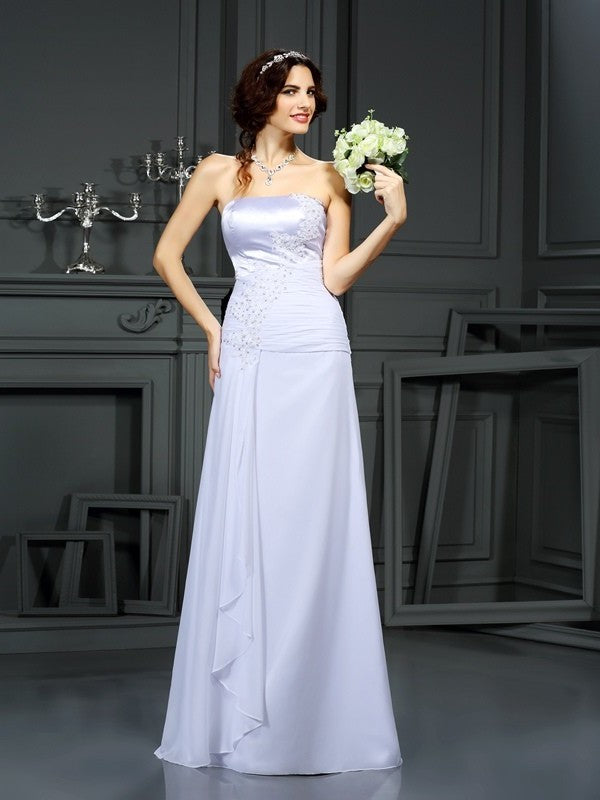 Sleeveless Beading Sheath/Column Long Strapless Chiffon Wedding Dresses