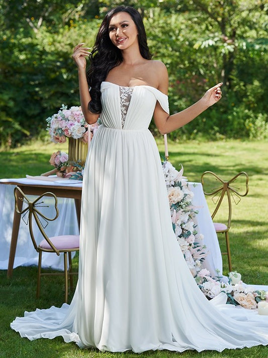 Sweep/Brush Ruffles Off-the-Shoulder A-Line/Princess Sleeveless Chiffon Train Wedding Dresses