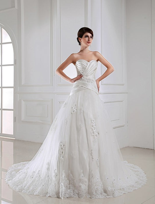 Beading A-Line/Princess Sleeveless Satin Sweetheart Applique Tulle Wedding Dresses