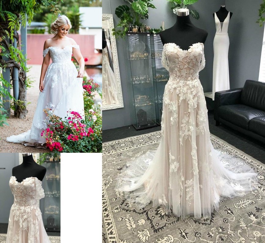 Sleeveless Applique Tulle A-Line/Princess Sweep/Brush Off-the-Shoulder Train Wedding Dresses