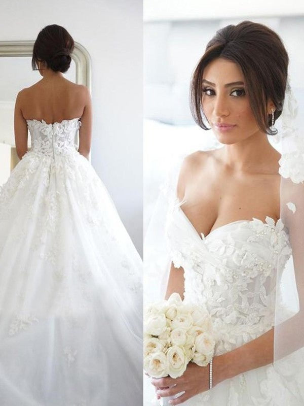 Sweep/Brush Sweetheart Tulle Gown Ball Sleeveless Applique Train Wedding Dresses