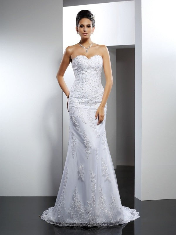 Long Sleeveless Trumpet/Mermaid Sweetheart Lace Satin Wedding Dresses